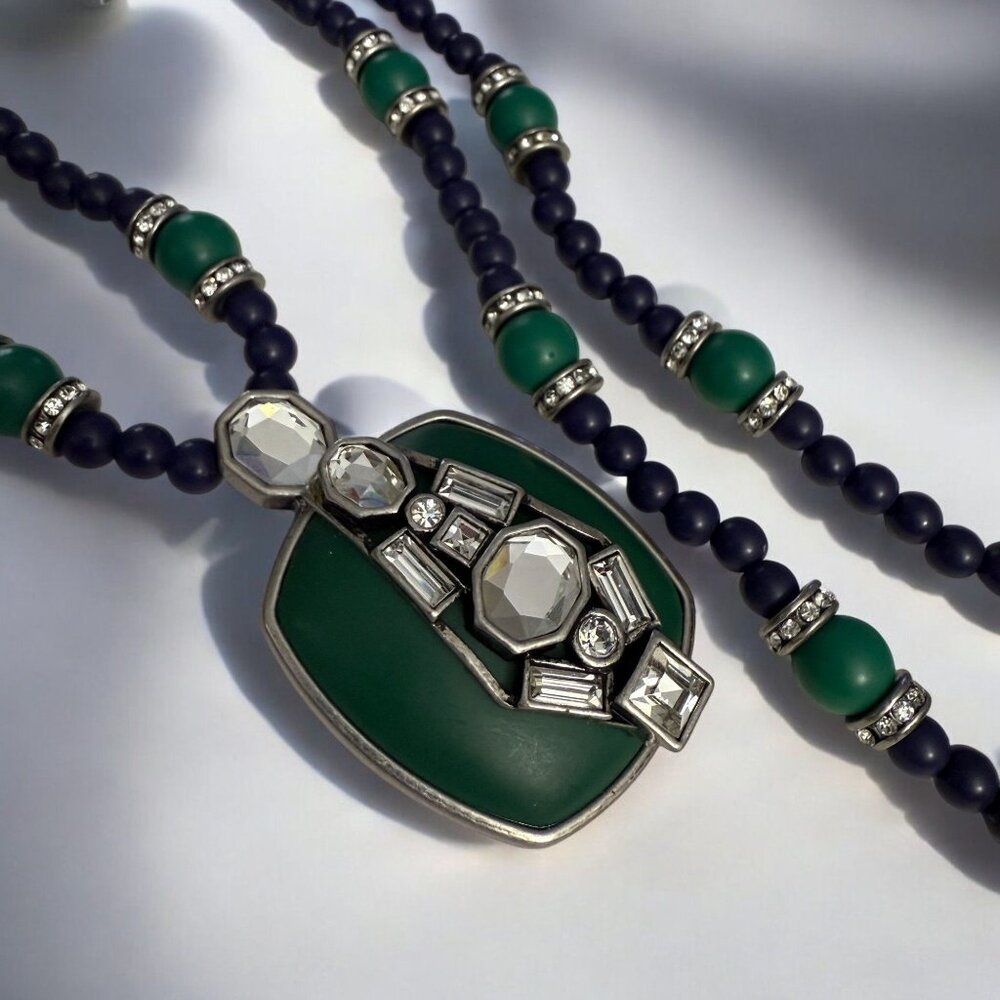 Lia Sophia Retired Art Deco Inspired Necklace Green Crystal Pendant Beaded - Picture 6 of 11